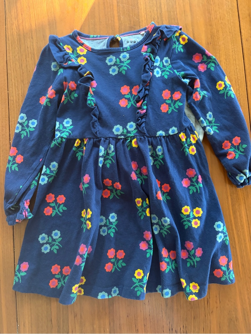 Girls Navy Floral Ruffle Long-Sleeve Dress